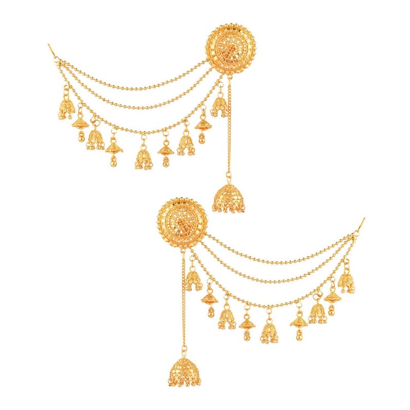 Efulgenz Indian Bollywood Jewelry 14K Gold Plated Dangling Earring with Layered Jhumka Tassels Ear Support Chain Hair Accessory Gold - Image 1